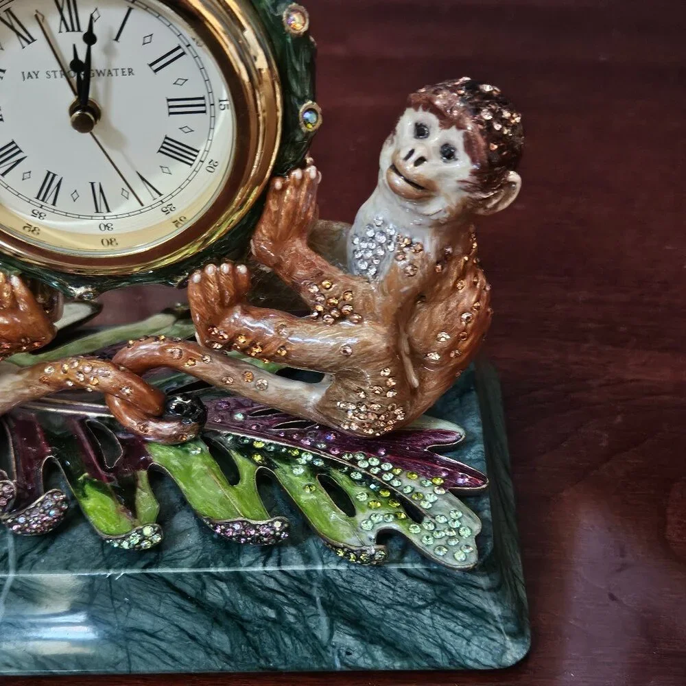 JAY STRONGWATER MONKEY DRA JUNGLE SAFARI CRYSTAL ENAMEL OFFICE DESK MANTEL CLOCK